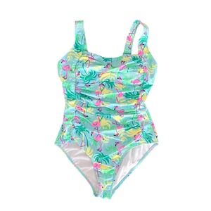 Berkley Jensen Womens Flamingo Palm Tree One Piece Ruched Swimsuit Blue Size M